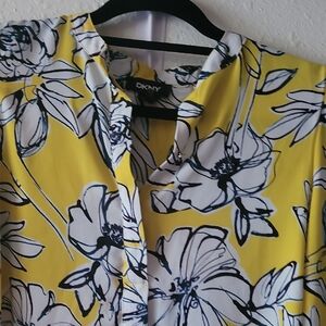 DKNY Yellow Blouse with Mandarin Collar and Buttoned Style